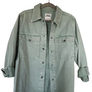 Zara Green Button-up Jean Jacket Womens Size S
